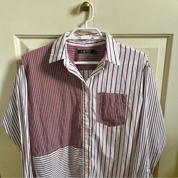 Ralph Lauren Women Small Burgundy and White Striped Shirt - Picture 12 of 12